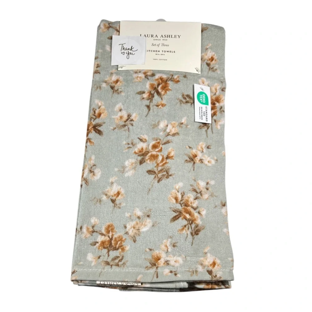 NEW Laura Ashley FLORAL LITTLE DARLINGS Kitchen Towel Set/3 Gold Dusted Green
